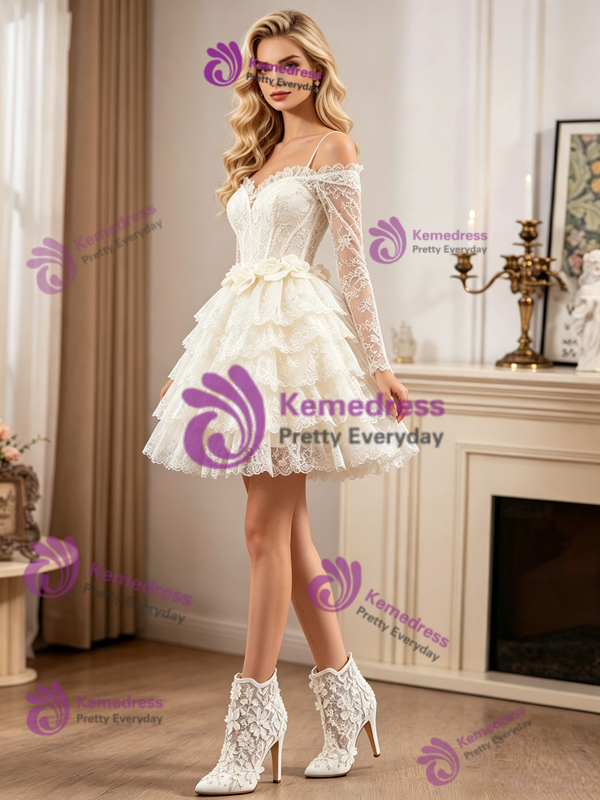 Apricot Lace Long Sleeve Wedding Dress