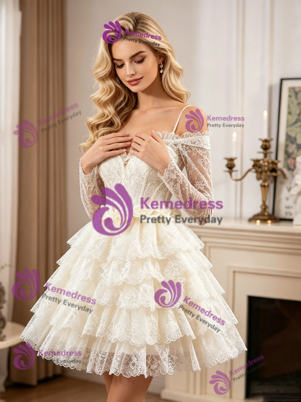 Apricot Lace Long Sleeve Wedding Dress