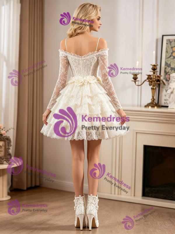 Apricot Lace Long Sleeve Wedding Dress