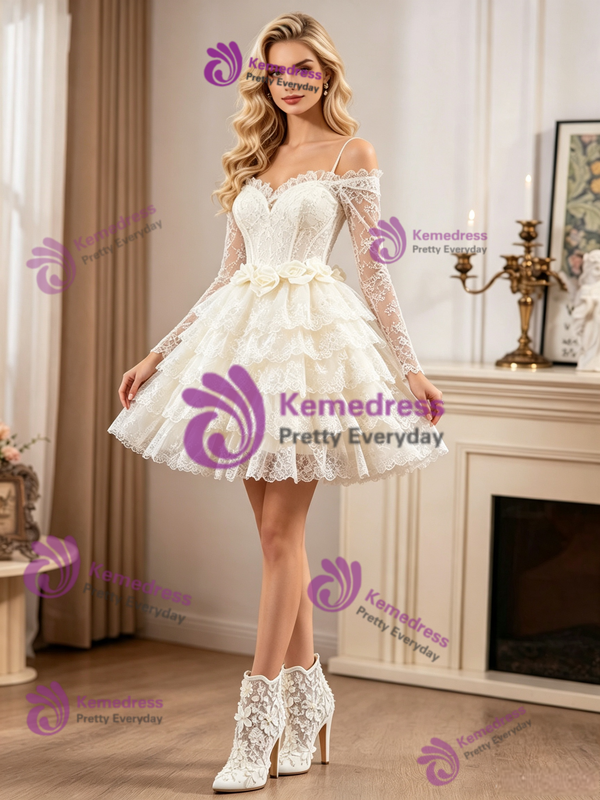 Apricot Lace Long Sleeve Wedding Dress