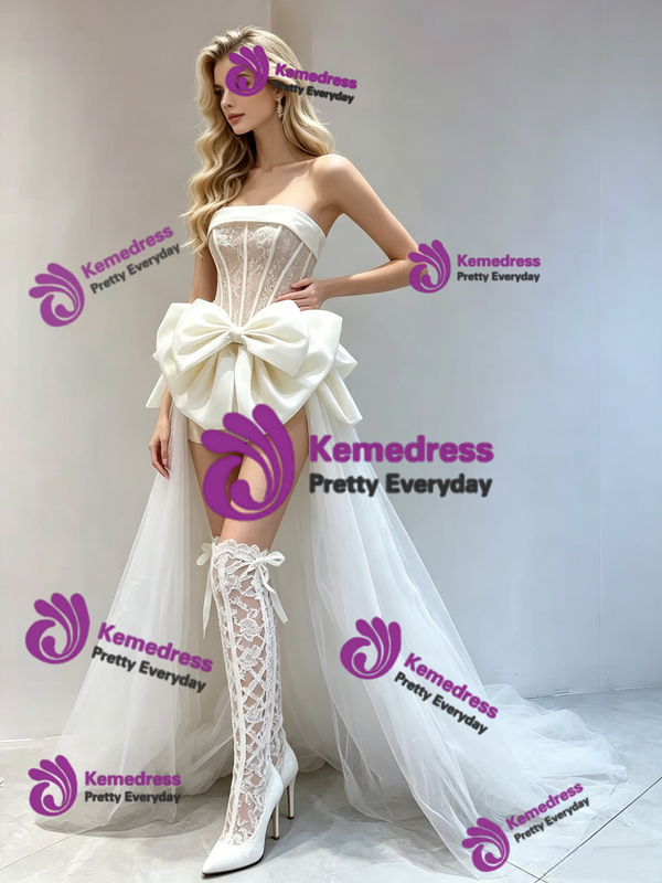 Beige White Tulle Strapless Bow Wedding Dress