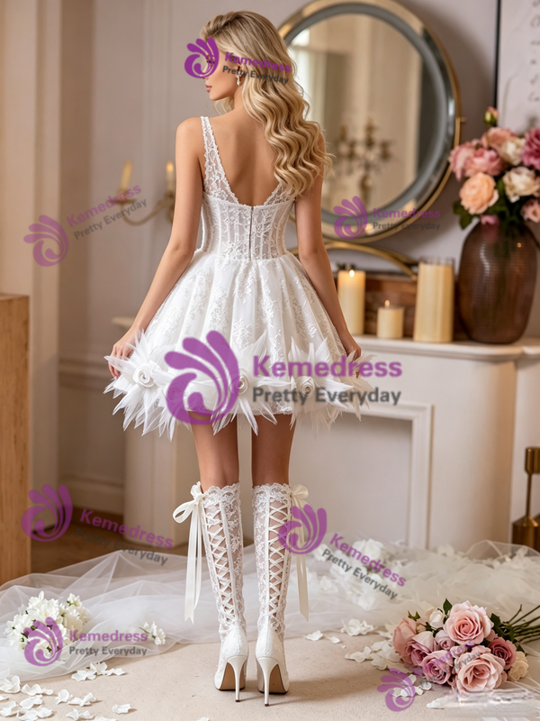 White Tulle Lace V-neck Flower Wedding Dress
