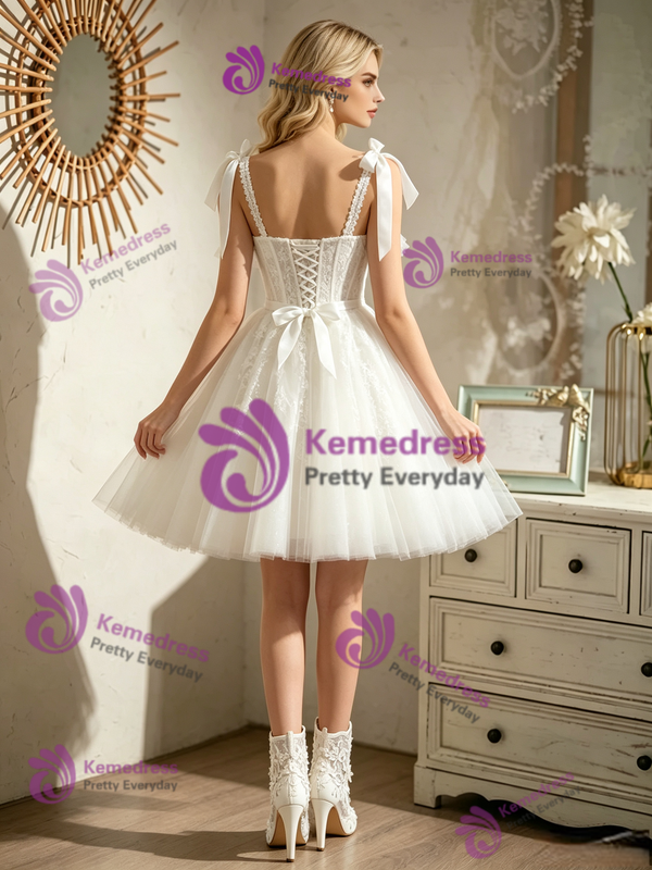 White Tulle Lace Straps Wedding Dress