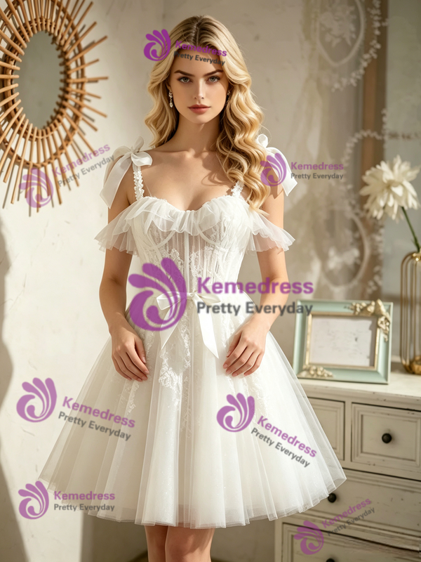 White Tulle Lace Straps Wedding Dress