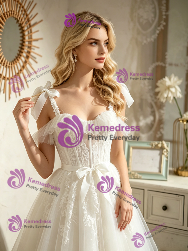 White Tulle Lace Straps Wedding Dress