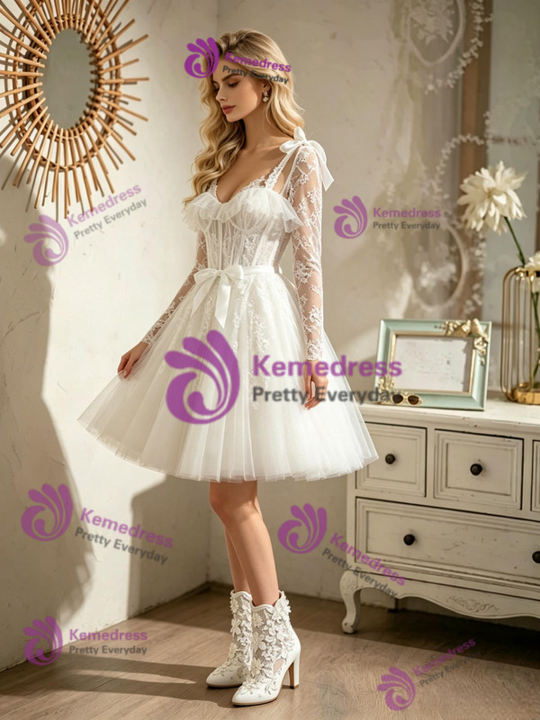 White Tulle Lace Long Sleeve Wedding Dress