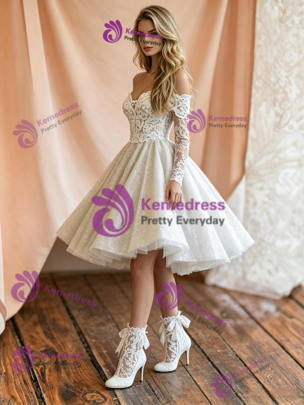 White Tulle Lace Long Sleeve Wedding Dress