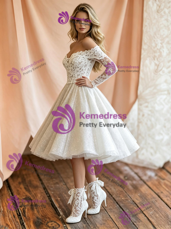 White Tulle Lace Long Sleeve Wedding Dress
