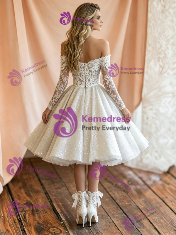 White Tulle Lace Long Sleeve Wedding Dress