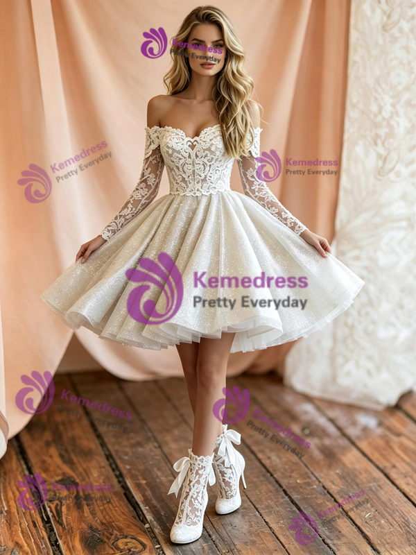 White Tulle Lace Long Sleeve Wedding Dress