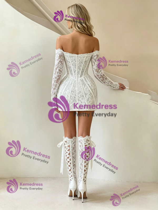 White Lace Long Sleeve Mini Wedding Dress