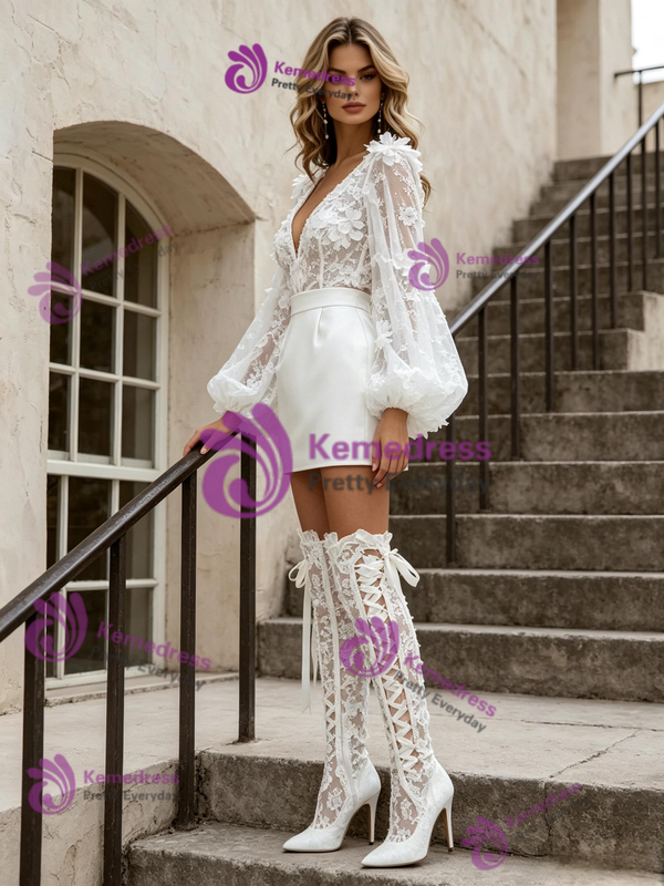 Long Sleeve Lace Flower Mini Wedding Dress