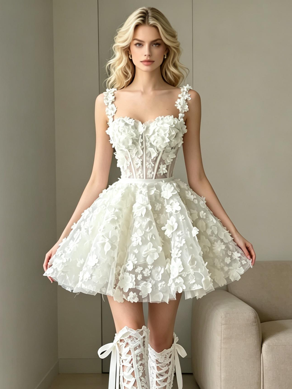 White Straps Flower Wedding Dress