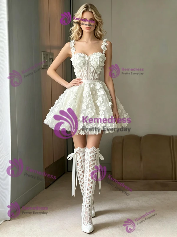 White Straps Flower Wedding Dress