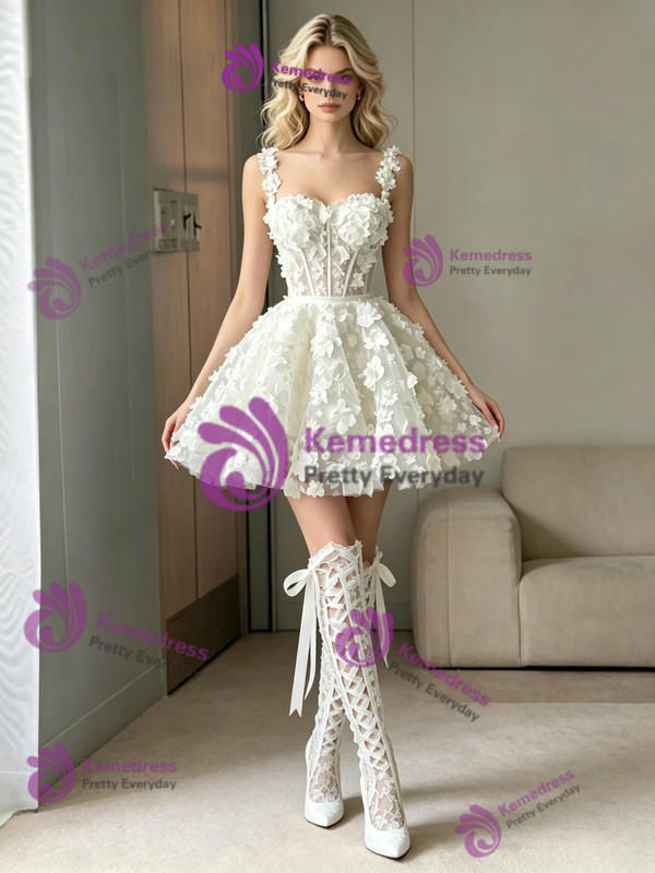 White Straps Flower Wedding Dress