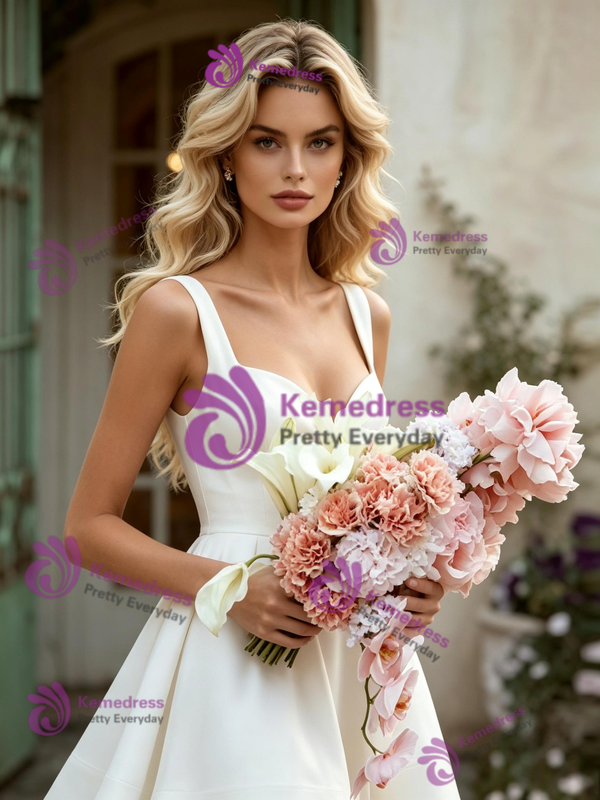 White Satin Straps Wedding Dress