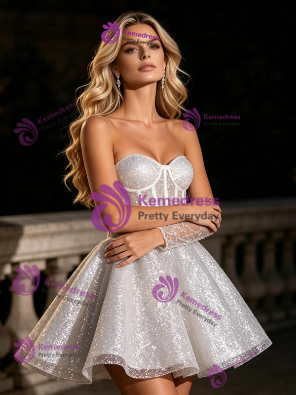 White Sequins Strapless Wedding Dress