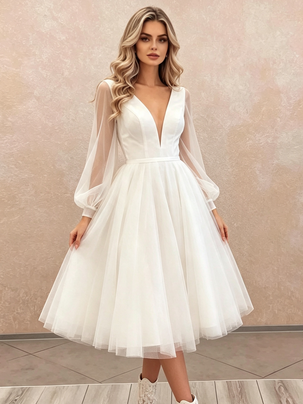 White Tulle Long Sleeve Wedding Dress