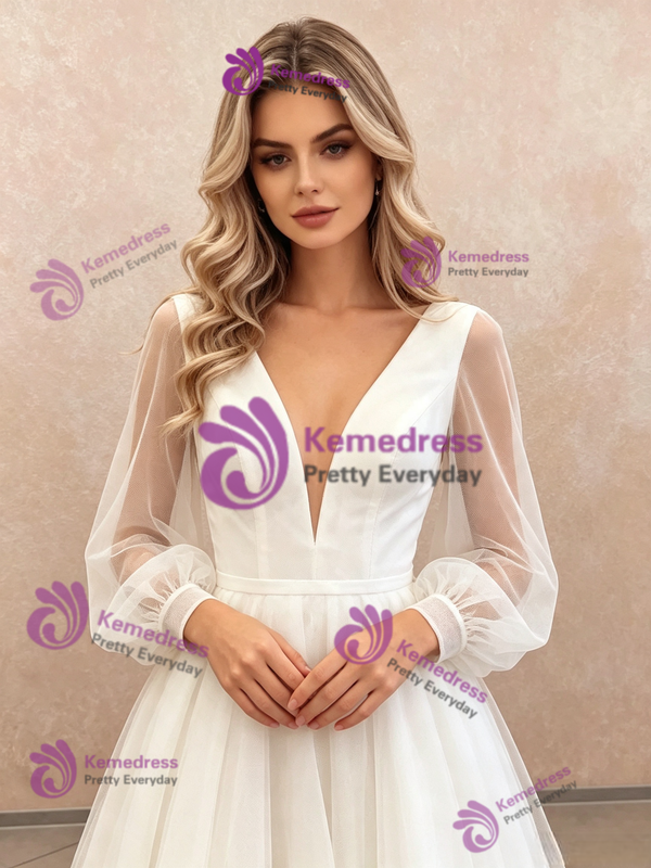 White Tulle Long Sleeve Wedding Dress