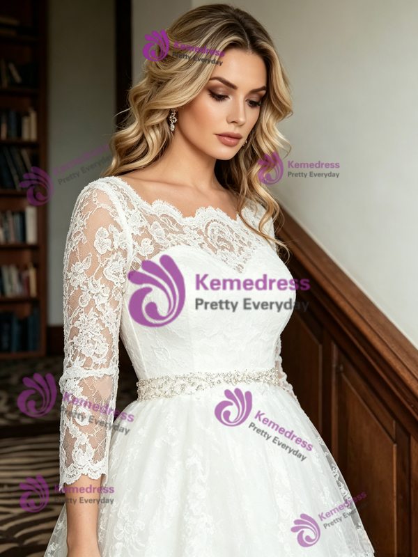 White Tulle Short Sleeve Wedding Dress