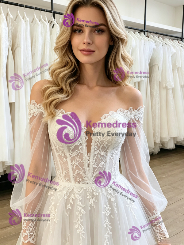 White Tulle Long Sleeve Lace Wedding Dress