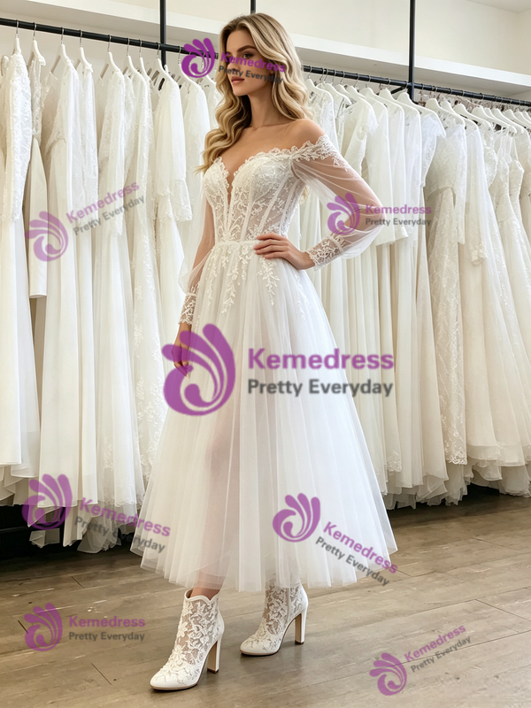 White Tulle Long Sleeve Lace Wedding Dress