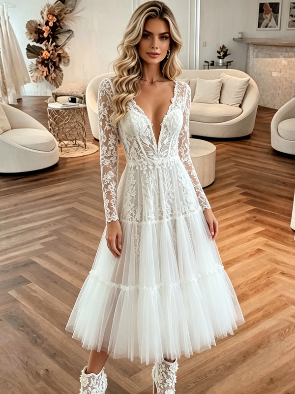 White Tulle Lace V-neck Appliques Wedding Dress