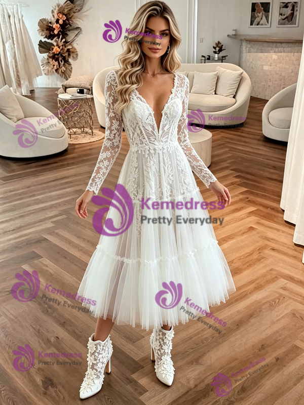 White Tulle Lace V-neck Appliques Wedding Dress