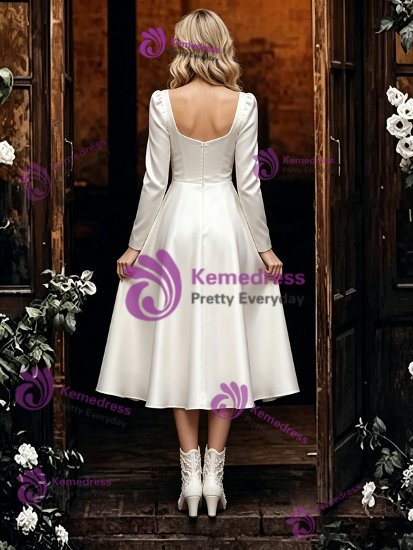 White Satin Long Sleeve Wedding Dress