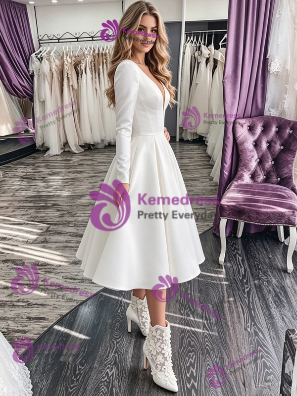 White Satin Long Sleeve V-neck Wedding Dress