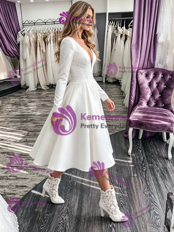 White Satin Long Sleeve V-neck Wedding Dress