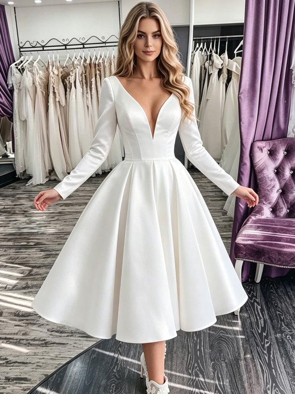 White Satin Long Sleeve V-neck Wedding Dress