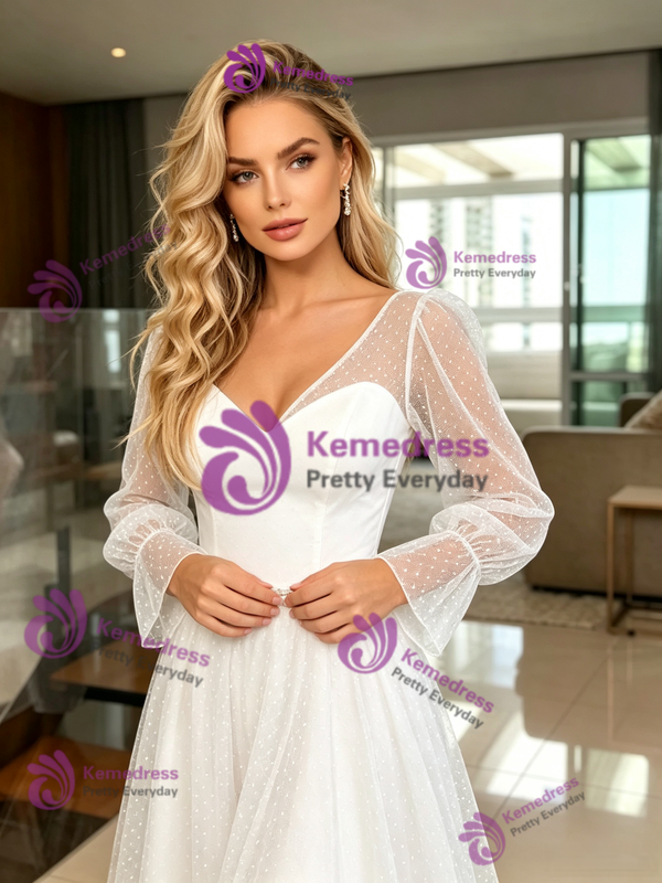 White Tulle V-neck Long Sleeve Wedding Dress