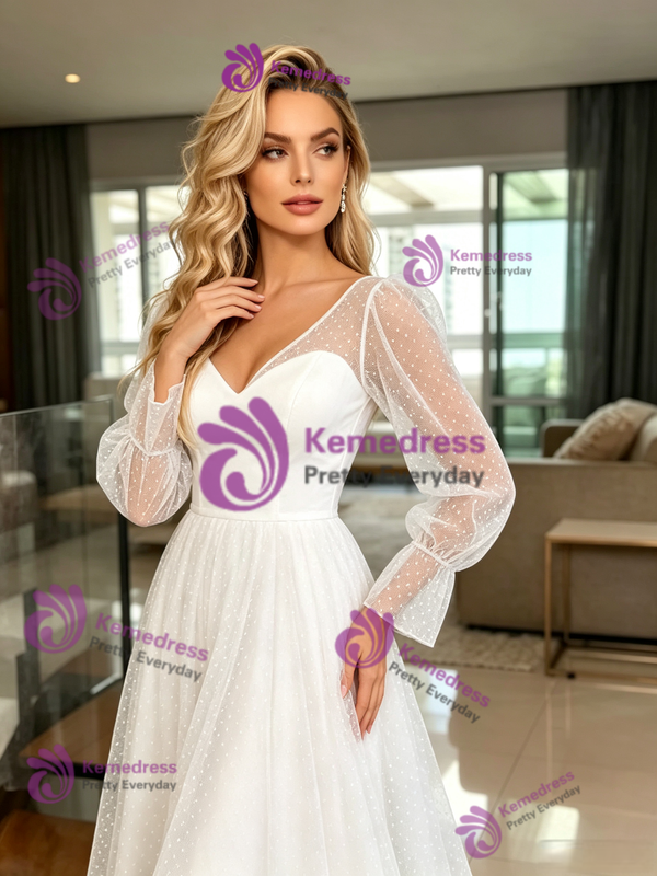White Tulle V-neck Long Sleeve Wedding Dress