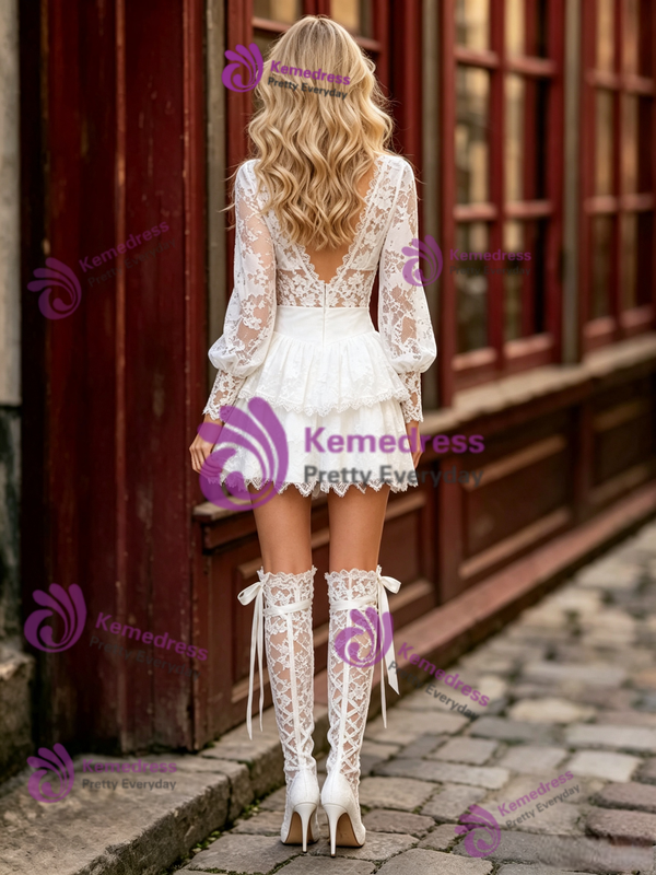 White Long SLeeveLace V-neck Mini Wedding Dress