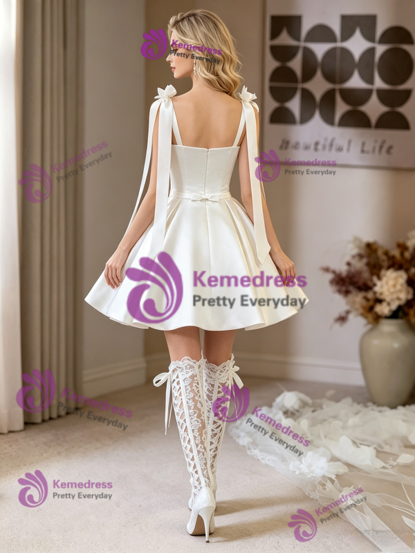 White Satin Straps Wedding Dress