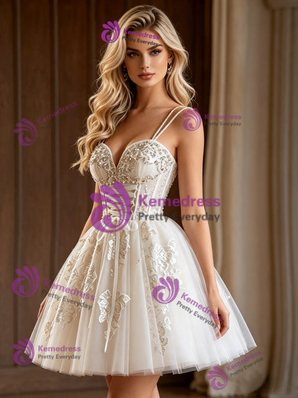 White Tulle Straps Appliques Wedding Dress
