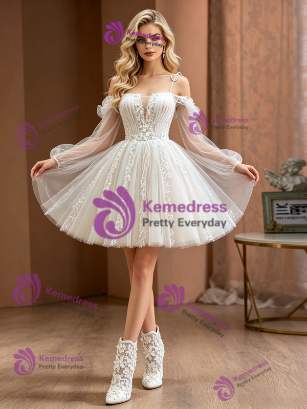 White Tulle Appliques Long Sleeve Wedding Dress