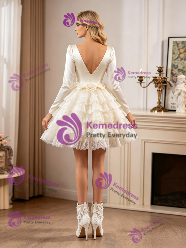 Ivory Long Sleeve Satin Flower Wedding Dress