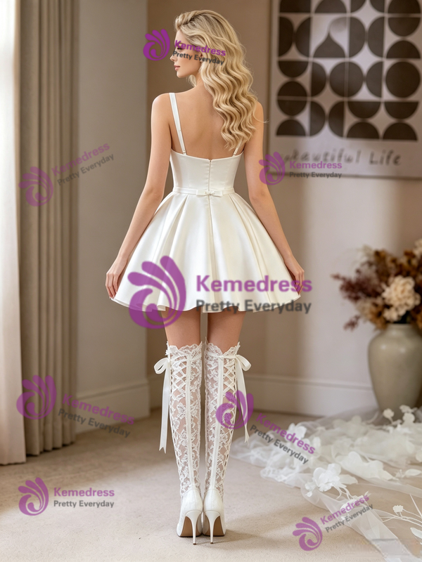 Beige White Satin Straps Wedding Dress
