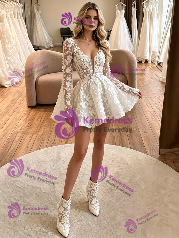 White Lace Long Sleeve V-neck Wedding Dress