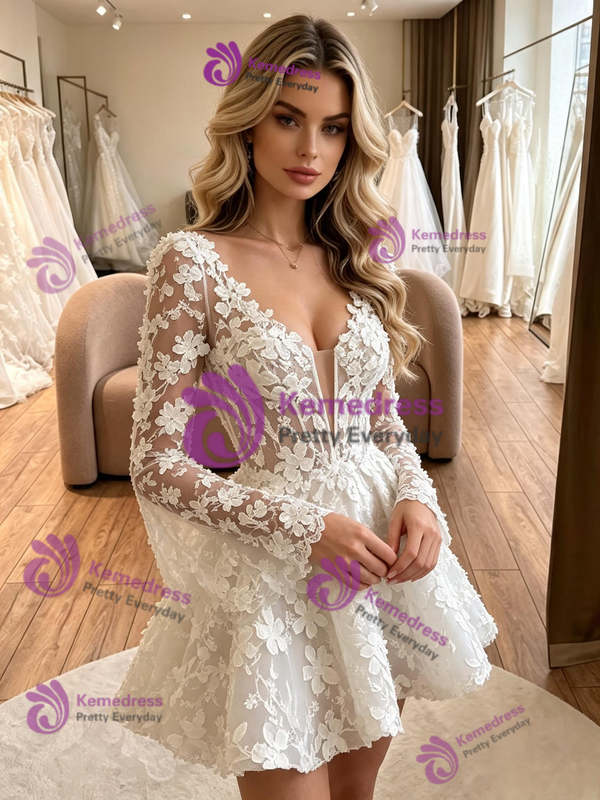 White Lace Long Sleeve V-neck Wedding Dress