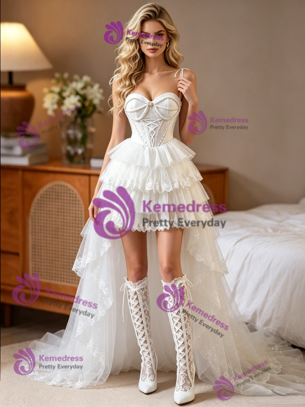 White Tulle Hi Lo Straps Wedding Dress