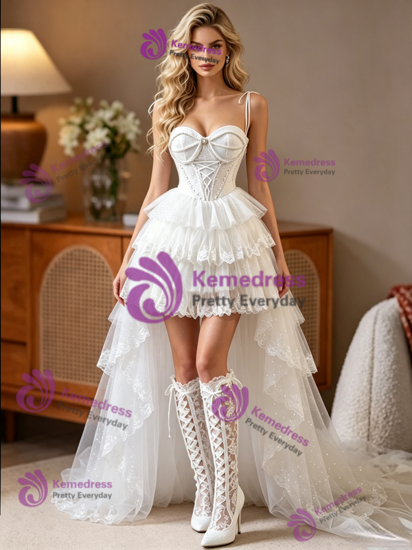 White Tulle Hi Lo Straps Wedding Dress