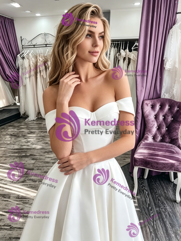 White Satin Off the Shoulder Wedding Dress