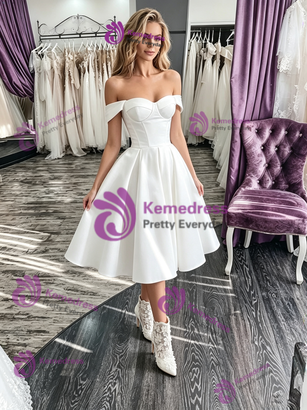 White Satin Off the Shoulder Wedding Dress