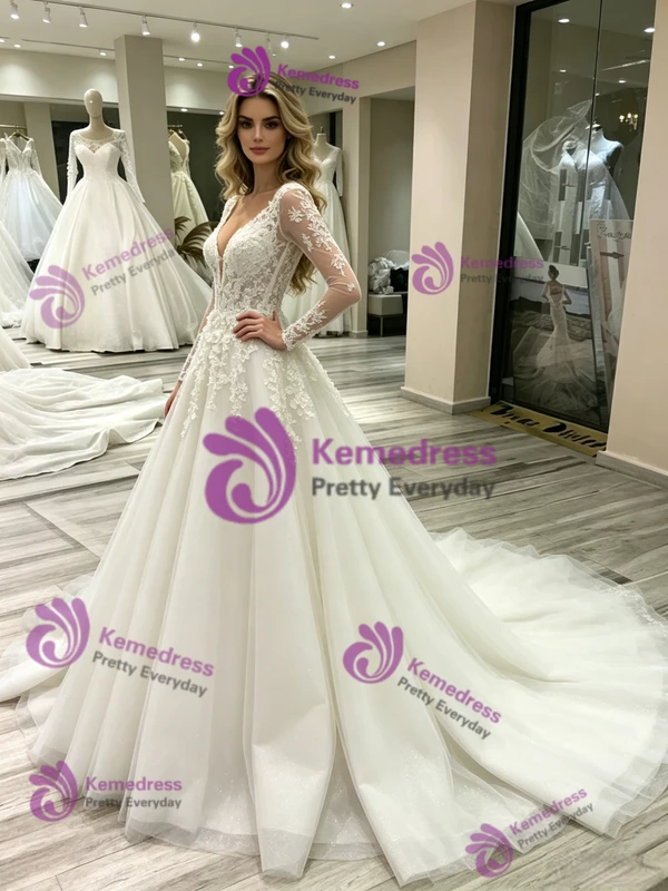 White Tulle Lace Long Sleeve Wedding Dress