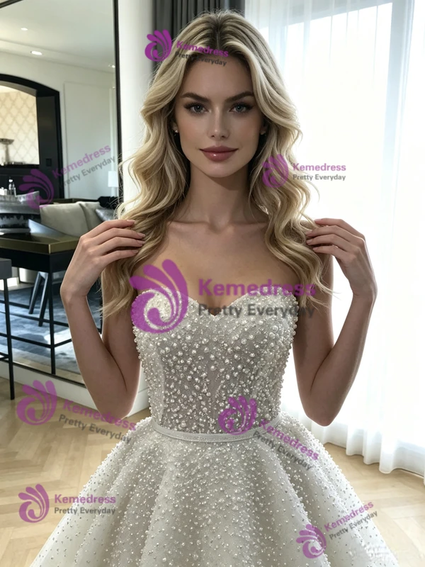 White Sequins Strapless Wedding Dress