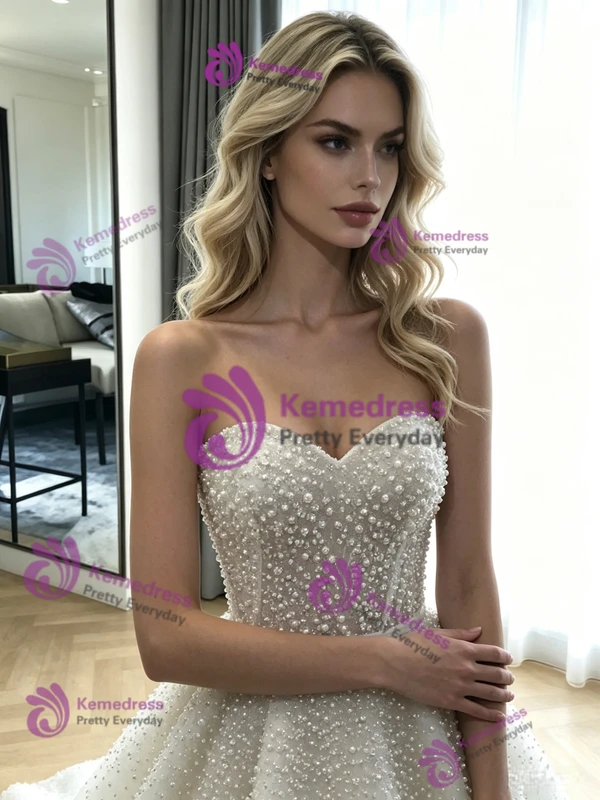 White Sequins Strapless Wedding Dress