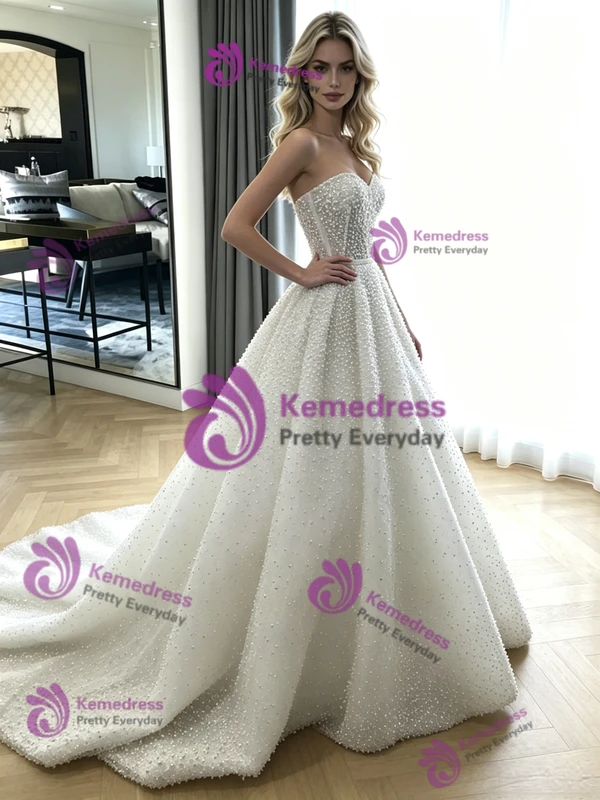 White Sequins Strapless Wedding Dress